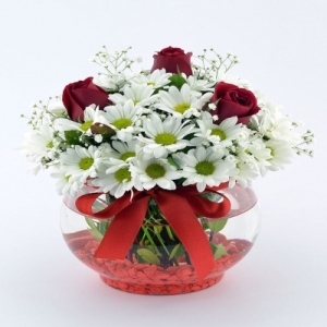  İskenderun Çiçek - Fanusta papatya 3 gül